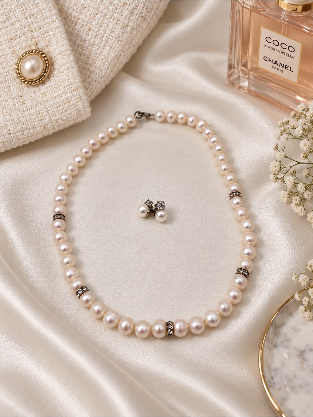 LUC 925 Sterling Silver Pearl Necklace & Earrings Jewelry Set